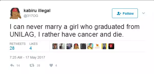 " I Would Rather Die Of Cancer Than Marry A UNILAG Graduate ": Guy Wrote On Twitter 